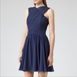 Reiss Boleyn Silk Dress Cross Front Fit and Flare Navy